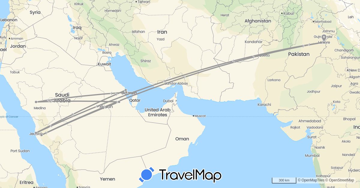 TravelMap itinerary: plane in Pakistan, Saudi Arabia (Asia)